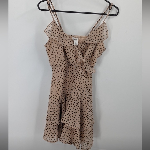 Japan women’s fit and flare, spaghetti, strap dress, Tan with black polkadots S - Picture 1 of 4
